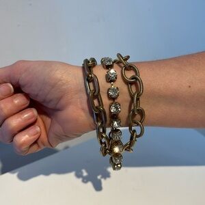 Fleur-de-Lis brand chunky three strand bracelet, bronze tone chain/rhinestone